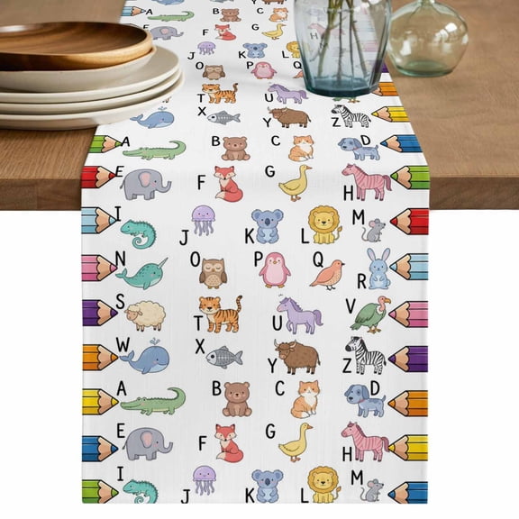 Alphabet Table Runner, Cartoon Colorful Animals Letter Crayon Washable Cotton Linen Table Runners 72 Inches Long, Dresser Scarf Runner for Dining/Coffee/TV Stands/Kitchen/Cabinets 16''x72''