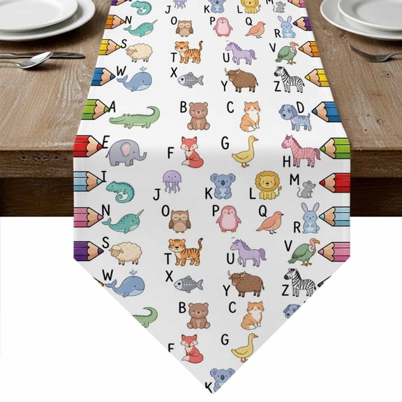 Alphabet Table Runner Linen Burlap Table Runner 36 Inches Small Cartoon Colorful Animals Letter Crayon Dresser Scarves for Kitchen Island Coffee Dining Room Party Wedding Holiday Decor 13"x36"