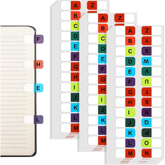 Alphabet Tabs, 390 Pcs Multicolor Alphabet Index Tabs, A-Z Sticky Tab, Alphabetical Tab Indexes, Self-Adhesive Page-Tab, Transparent Permanent Alphabetical-Tab for Notebook, Textbook, Dictionary