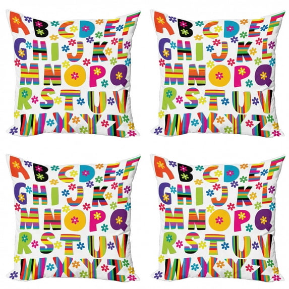 Alphabet Throw Pillow Cushion Case Pack of 4, Educational Letters Floral Ornament Striped Pattern, Modern Accent Double-Sided Print, 4 Sizes, Multicolor, by Ambesonne