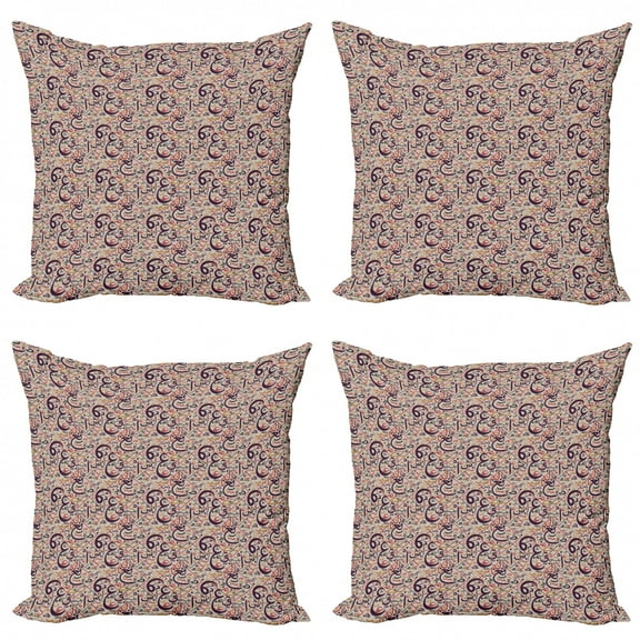 Alphabet Throw Pillow Cushion Case Pack of 4, Illustration of Letters Oriental Calligraphic Design in a Colorful Layout, Modern Accent Double-Sided Print, 4 Sizes, Pale Tan Plum, by Ambesonne