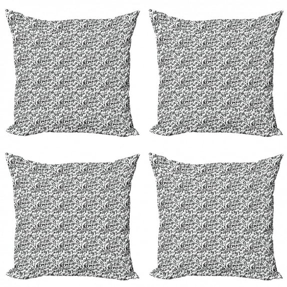 Alphabet Throw Pillow Cushion Case Pack of 4, Monochrome Random Calligraphy with Hand Writing Letters, Modern Accent Double-Sided Print, 4 Sizes, Charcoal Grey and White, by Ambesonne