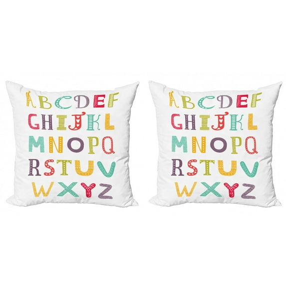 Ambesonne Alphabet Throw Pillow Cover 2 Pack, Colorful Content, 18", White Multicolor