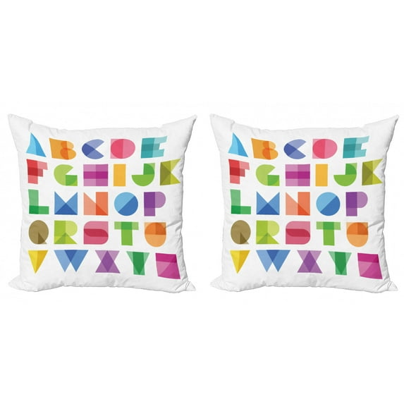 Alphabet Throw Pillow Cushion Cover Pack of 2, Educational Letters Learning to Write and Read, Zippered Double-Side Digital Print, 4 Sizes, White Multicolor, by Ambesonne