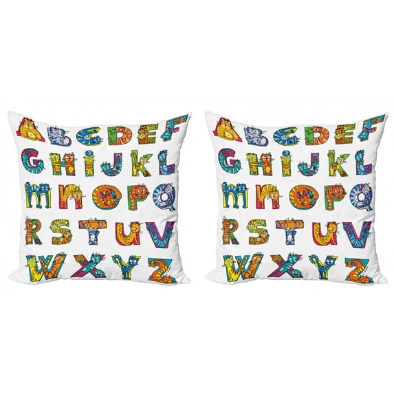 Alphabet Throw Pillow Cushion Cover Pack of 2, Funny Cats Letter Shaped Educational Print, Zippered Double-Side Digital Print, 4 Sizes, White Multicolor, by Ambesonne