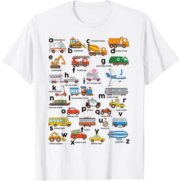Alphabet Vehicles ABC Construction Truck Teachers Kids Boy T-Shirt