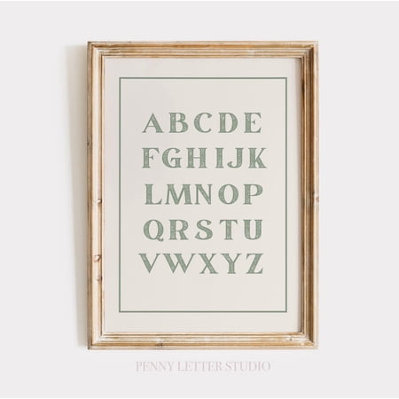 Alphabet Vintage Sage Green Font Print, Unframed Paper Poster 8x10in