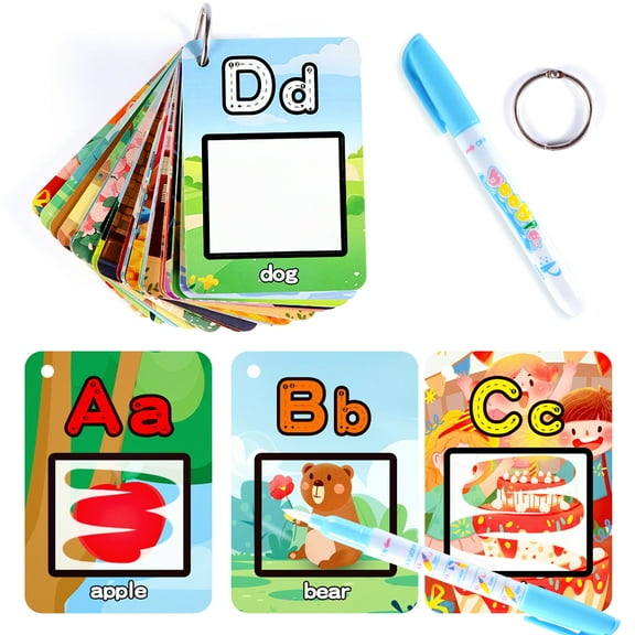 Baprem Alphabet Flashcards for Toddlers Kids Age 3+, Fun ABC Flash Cards with Ring, 26 Letters Educational Water Coloring Cards for Learning Gifts