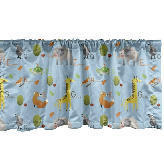 Alphabet Window Valance Pack of 2, Continuous Funny Pattern of Animals and Trees with Letters, Rod Pocket Curtain Valances Kitchen Bedroom, 2 Sizes, Pale Sky Blue Multicolor, by Ambesonne