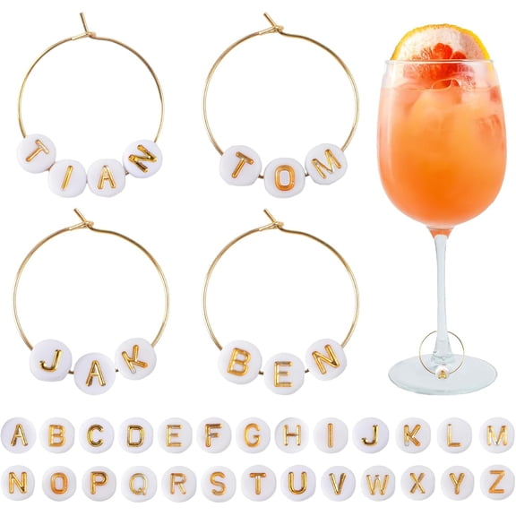 Alphabet Wine Glass Charms, 2 Sets Alphabet Round Beads Personalized Drink Identifiers for Wine Cocktail Champagne Tasting Party Favors