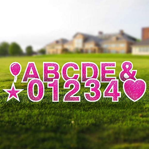 Alphabet Yard Letter Sign Set – Includes Letters, Numbers, and Special Characters – 84pcs – Includes Multiples of Common Characters – Weather-Resistant Corrugated Plastic (Faux Glitter Bright Pink)