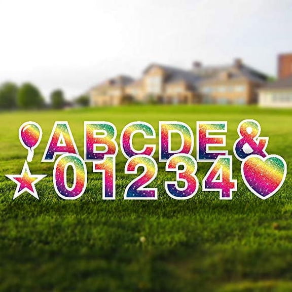 Alphabet Yard Letter Sign Set – Includes Letters, Numbers, and Special Characters – 84pcs Total – Includes Multiples of Common Characters – Weather-Resistant Corrugated Plastic (Faux Glitter Rainbow)