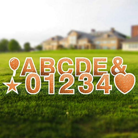 Alphabet Yard Letter Sign Set – Includes Letters, Numbers, and Special Characters – 84pcs Total – Includes Multiples of Common Characters – Weather-Resistant Corrugated Plastic (Faux Glitter Orange)