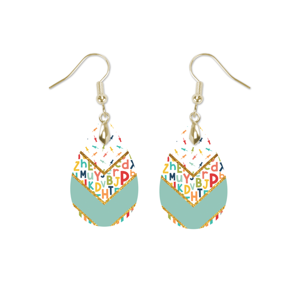 Alphabet and Green Teacher Teardrop Earrings 1.5 Inch Dangle Pierced Ears