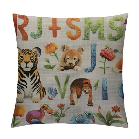 Alphabet with Cartoon Animals Farmhouse Pillow Cover Decorative Square Throw Pillow Cover or Sofa Couch Decoration