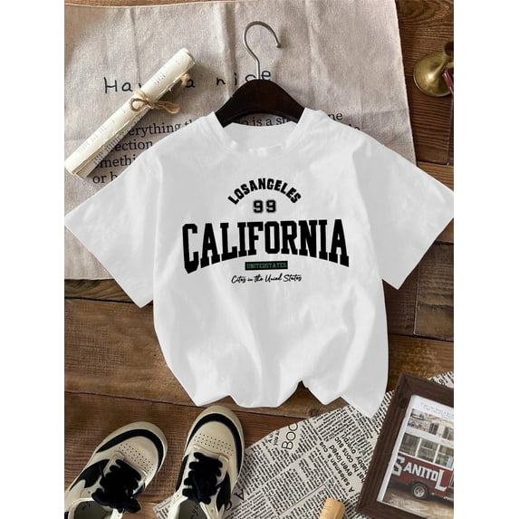 Alphabets LOS ANGELES CALIFORNIA Print Girl's Summer Comfy T-shirt, Casual Round Neck Short Sleeved Top For Summer Sports Activities & Daily Wear