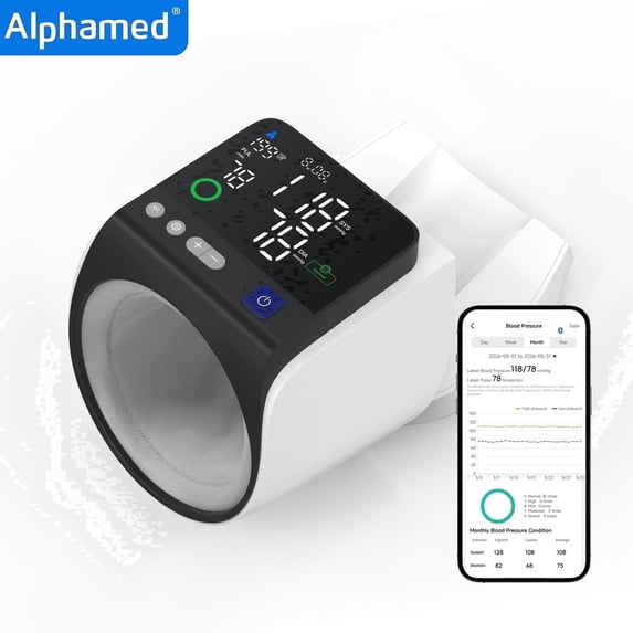 Alphamed Large Arm Upper Arm Blood Pressure Monitor with Bluetooth, No-Wrap One Button Automatic BP Monitor for Obese Adults and Home Use