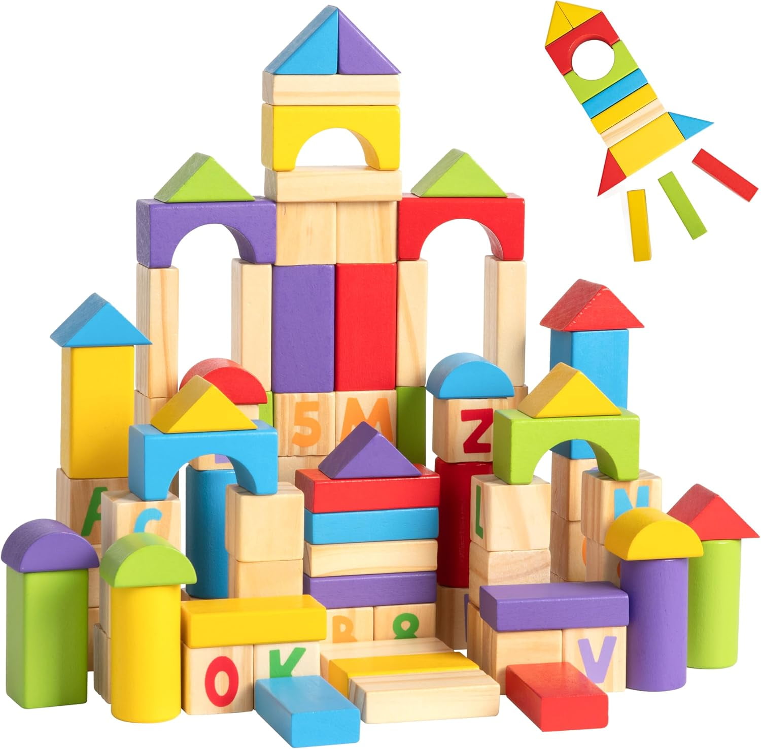 Alphanumeric Wooden Building Blocks Set - 100 Blocks, 5 Watercolor ...