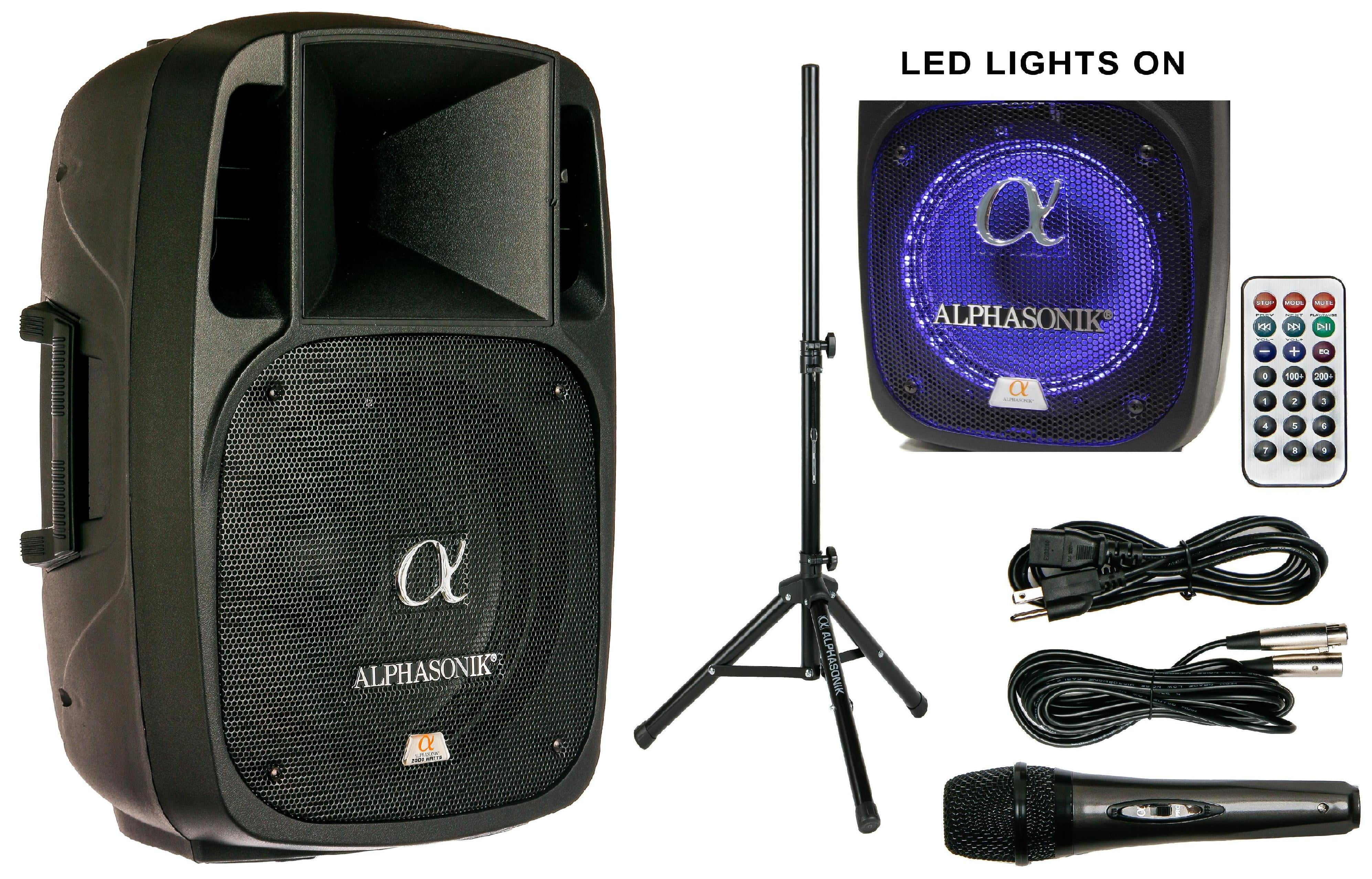 Alphasonik 15" Powered 2800W Pro DJ Amplified Loud Speaker Bluetooth USB SD Card Aux MP3 FM Radio PA System LED Ring Karaoke Feature Mic W/ Tripod Stand
