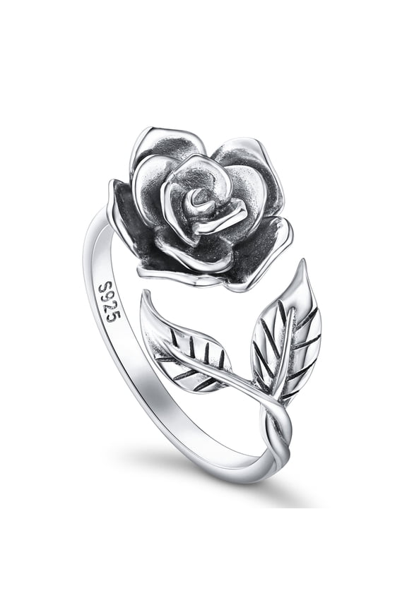 Valentines Day Rose Gifts S925 Sterling Silver Rose Flower Ring Adjustable Wrap Open Jewelry for Women Friend Mom Bride Girlfriend Sisters Teen C113