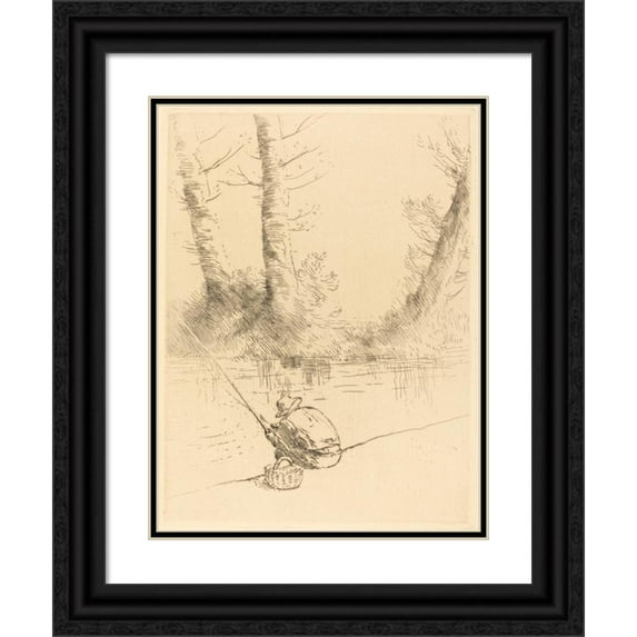 Alphonse Legros 12x14 Black Ornate Wood Framed Double Matted Museum Art Print Titled: Angler (The Line to the Line)