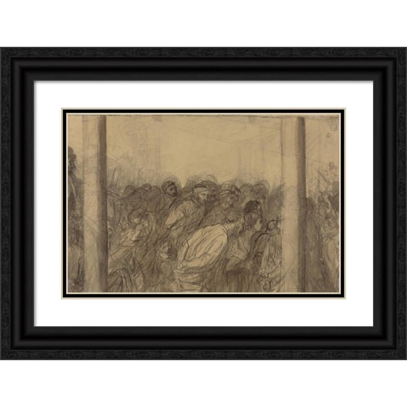 Alphonse Legros 18x13 Black Ornate Wood Framed Double Matted Museum Art Print Titled - Crowd of People Seen Between Two Columns (Verso)