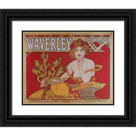 Alphonse Mucha 24x20 Black Ornate Framed Double Matted Museum Art Print Titled: Cycles Waverley Paris. (1898)