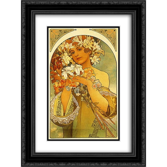 Alphonse Mucha 2x Matted 18x24 Black Ornate Framed Art Print 'Flower'
