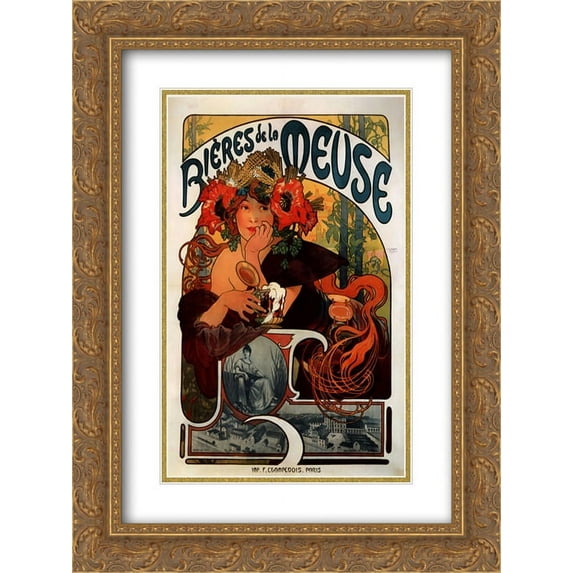 Alphonse Mucha 2x Matted 20x24 Gold Ornate Framed Art Print 'Bieres de la Meuse'