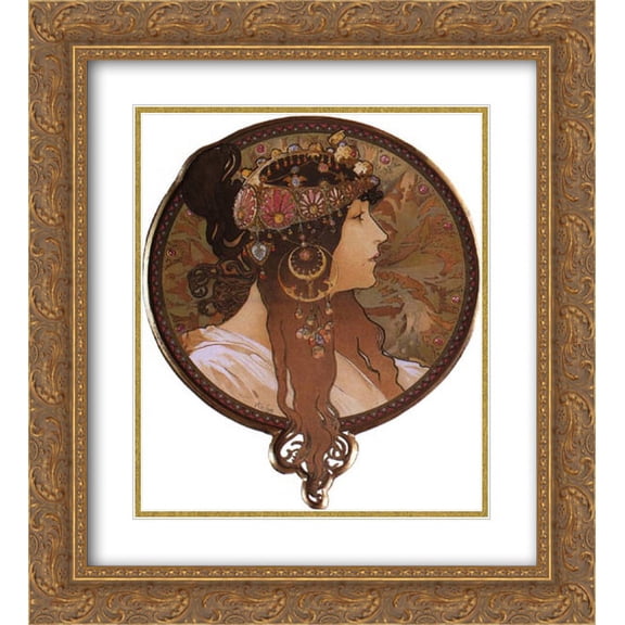 Alphonse Mucha 2x Matted 20x24 Gold Ornate Framed Art Print 'Byzantine Head. The Brunette'
