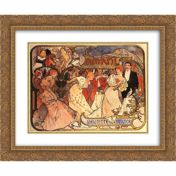 Alphonse Mucha 2x Matted 24x20 Gold Ornate Framed Art Print 'Amants'