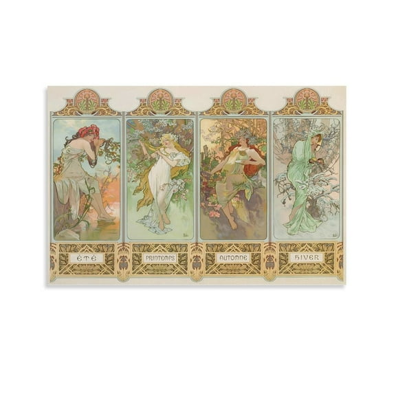 Alphonse Mucha 4 Seasons 《Spring, Summer, Autumn And Winter》 Wall Art Poster Picture Print Canvas Poster Wall Paint Art Posters Decor Modern Home Artworks Gift 08x12inch(20x30cm)