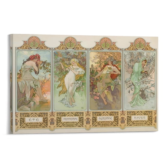 Alphonse Mucha 4 Seasons 《Spring, Summer, Autumn And Winter》 Wall Art Poster Picture Print Canvas Poster Wall Paint Art Posters Decor Modern Home Artworks Gift 12x18inch(30x45cm)