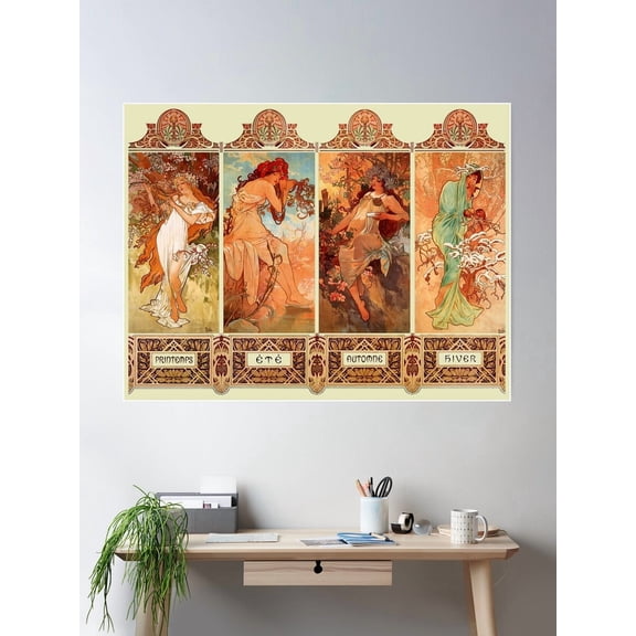 Alphonse Mucha Four Seasons Art Nouveau Poster Wall Art, Modern Wall Decor For Living Room Bedroom, 8x12 UNFRAMED
