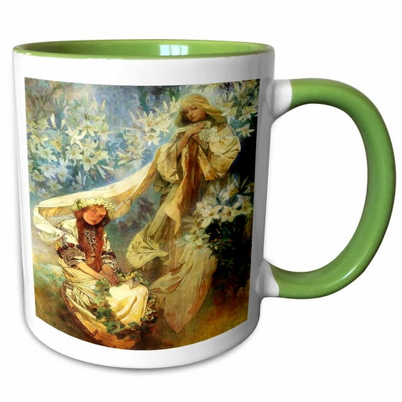 3drose, Alphonse Muchas Painting Madonna of the Lillies, 11oz Two-tone Green Mug