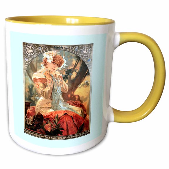 3drose, Alphonse Muchas Pretty Lady with Fancy Silver Frame, 11oz Two-tone Yellow Mug
