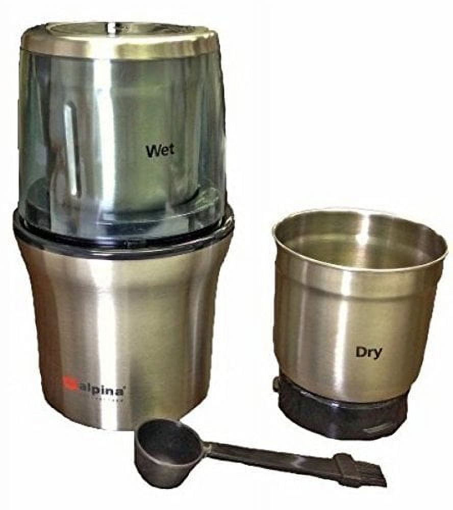 Alpina SF-2815 Electric Wet and Dry Coffee Grinder with 2-Stainless Steel Bowls, Small, Silver
