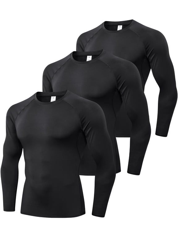 Men's 3-Pack Long Sleeve Compression Shirt Quick Dry Athletic Baselayer for Running Training, Black, XL