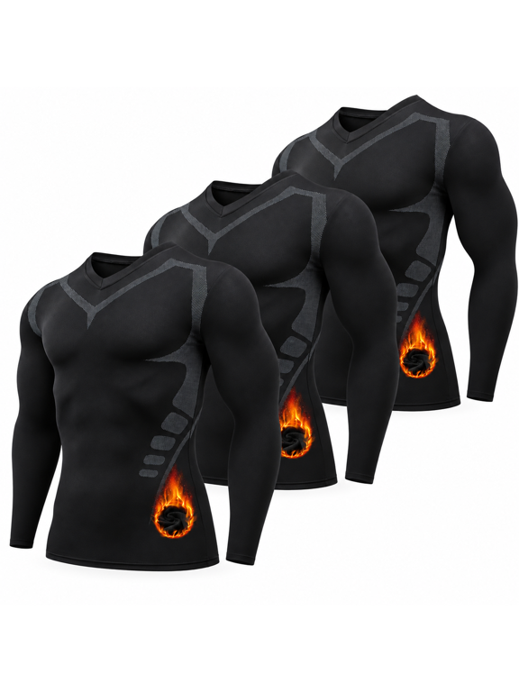 Men's 3-Pack Fleece-Lined Print Long Sleeve Compression Shirt Warm Thermal Baselayer, Black, XL