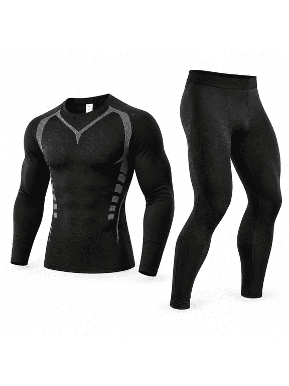 Men's 2-Piece Compression Set Long Sleeve Shirt and Pants Athletic Baselayer for Running Training, Black, M