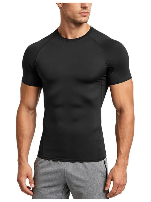 Men's Compression Workout Shirt 1 Pack, Quick-Dry Short Sleeve Athletic Base Layer Undershirt, Black