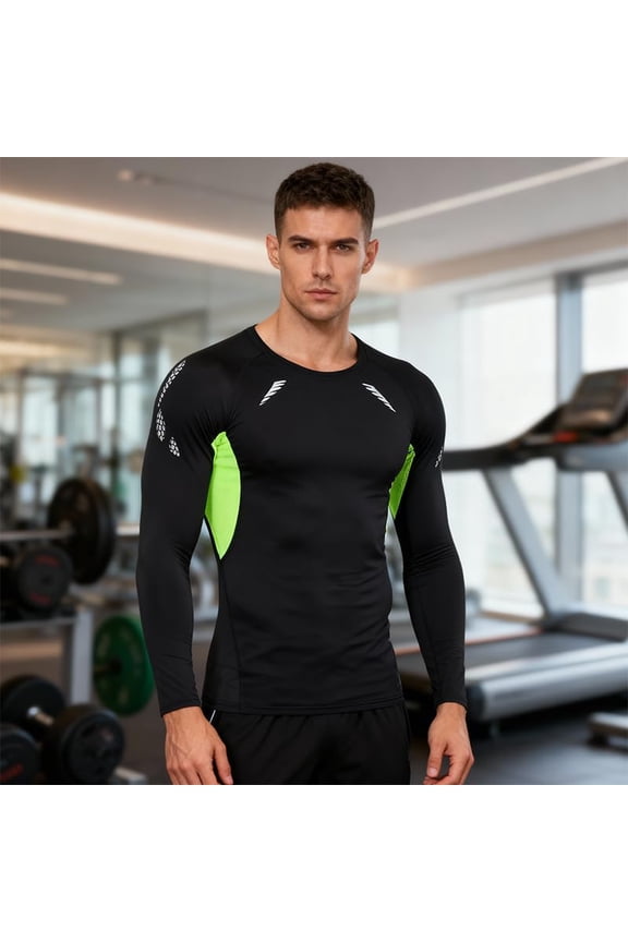 Men's Long Sleeve Compression Shirt Green, 92% Polyester 8% Spandex Dry Fit Sport Baselayer Undershirt for Workout Gym Running Training, High Elastic Athletic Tights Top, Breathable Active