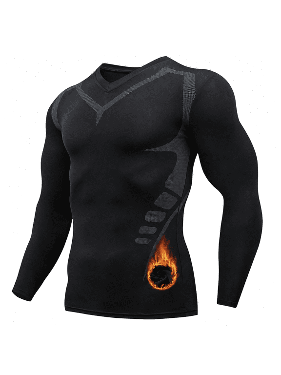 Men's Fleece-Lined Long Sleeve Compression Shirt Warm Thermal Baselayer for Cold Weather, Black, 3XL