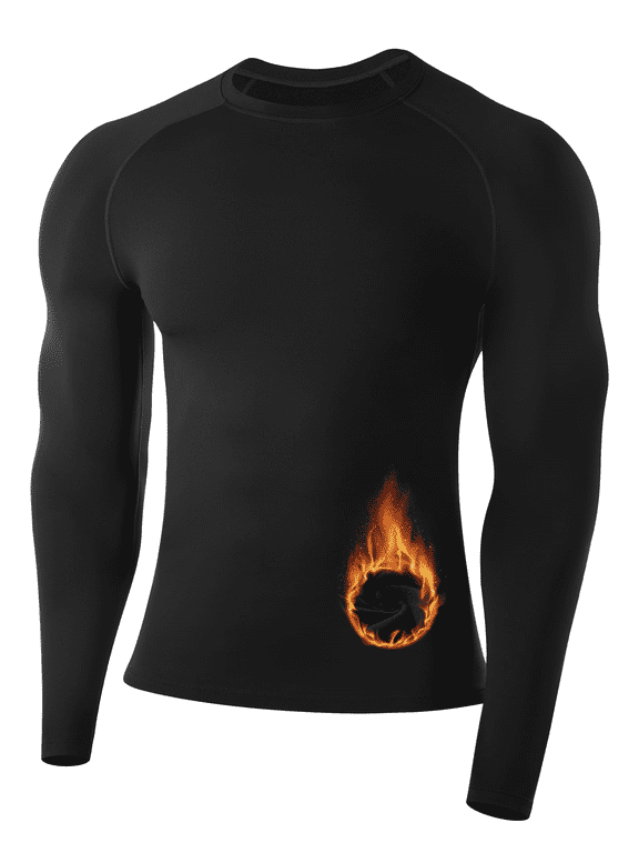 Men's Fleece-Lined Long Sleeve Compression Shirt Warm Thermal Baselayer for Cold Weather, Black, L