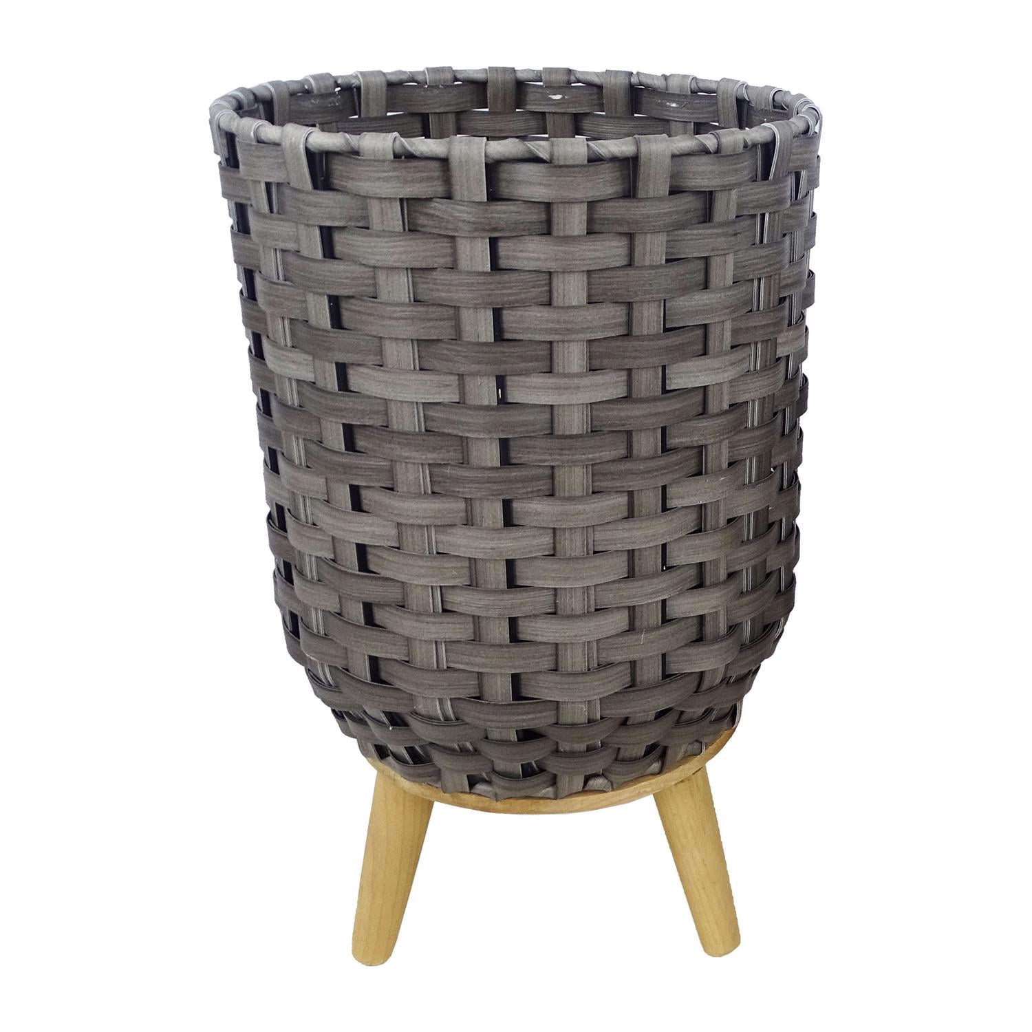 Large Gray Wicker Plant Basket with Wooden Stand