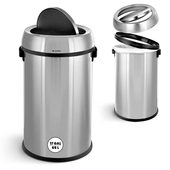 Alpine 17-Gallon Stainless Steel Swing Top Trash Can – Commercial Grade Round Garbage Bin with Odor Control Lid, Brushed Finish, Large Capacity for Home, Office & High-Traffic Areas