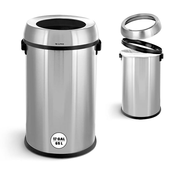 Alpine 17 Gallon Trash Can Open Top - Heavy Duty Large 65 Liter Round Stainless Steel Trash Can, Perfect for Kitchen, Home, Office, Restaurant, Gym, Breakroom (Brushed Finish)