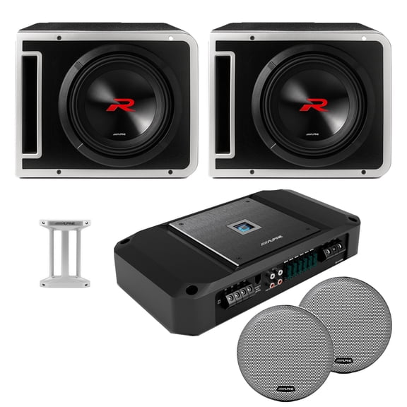 Alpine (2) R2-SB10V 10-inch R-Series Halo Preloaded Sub Enclosure including ProLink w/ R2-A150M Amp, Grill Bundle