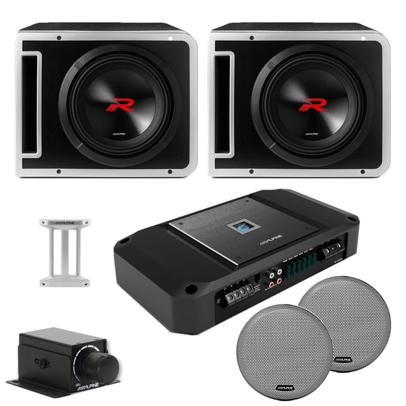 Alpine (2) R2-SB10V 10-inch R-Series Halo Preloaded Sub Enclosure including ProLink w/ R2-A150M Amp, Grill & Rux Knob Bundle