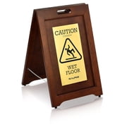 Alpine 2-Sided Wooden Brass Plated Wet Floor Sign - A-Frame Warning Notice - Double Sided Fold Out Bilingual Floor Safety Alert Ideal for High End Commercial Use